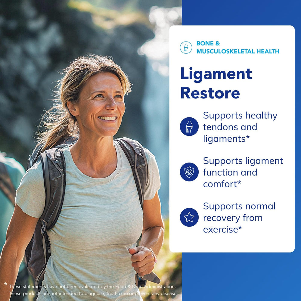 Pure Encapsulations Ligament Restore label detail highlights collagen blend ingredients.