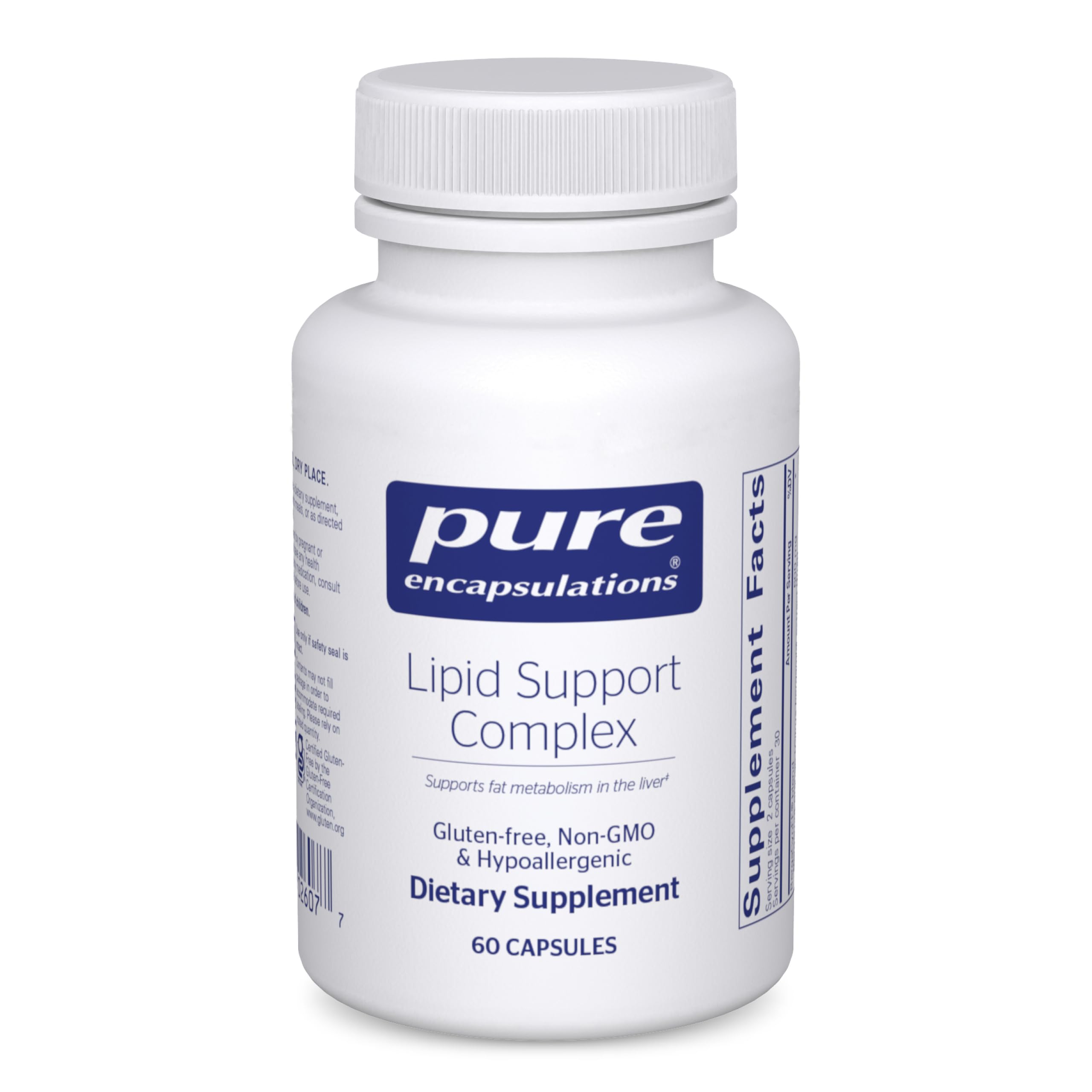 Pure Encapsulations Lipid Support Complex bottle highlighting liver health support.