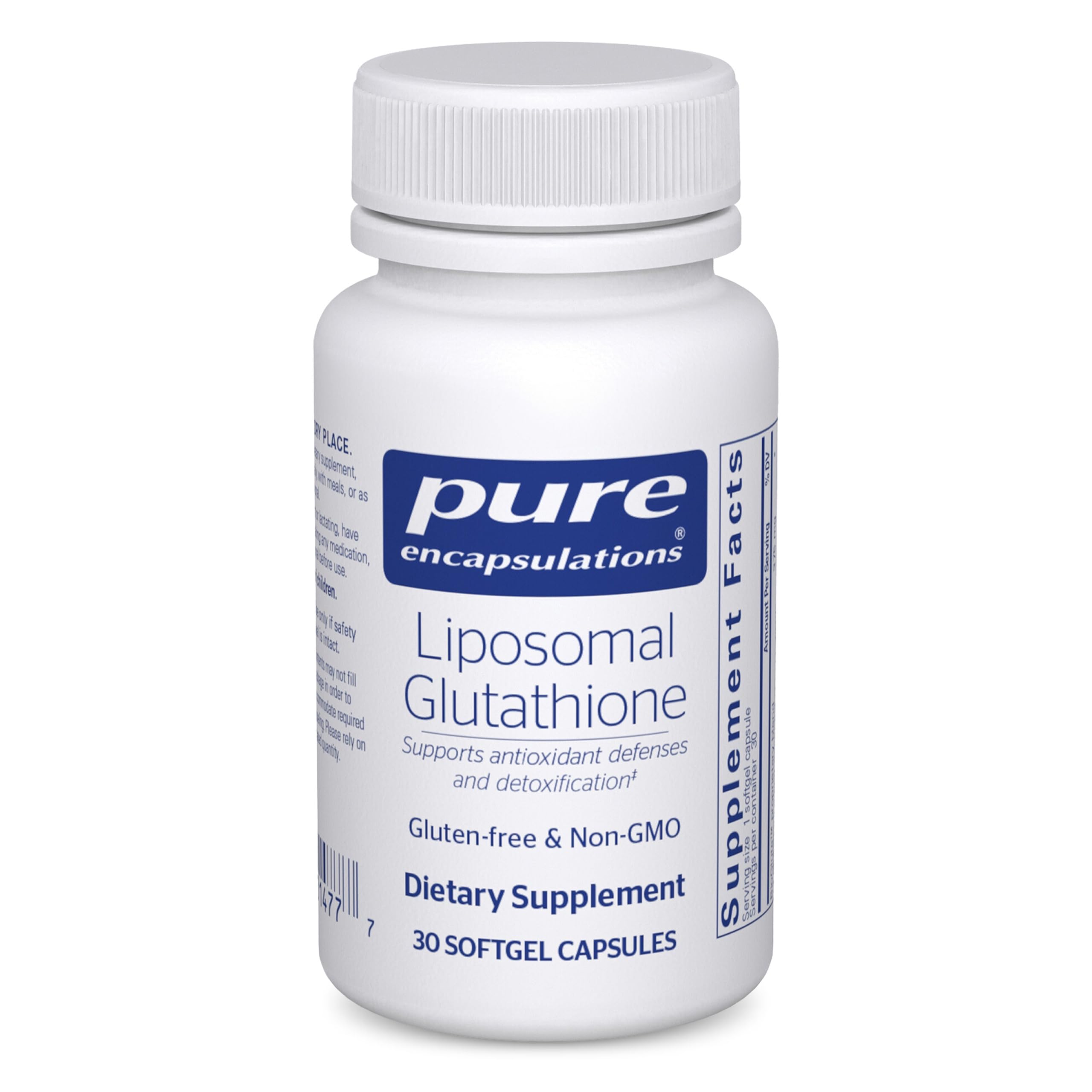 Pure Encapsulations liposomal glutathione bottle features easy-to-swallow softgels for daily support.