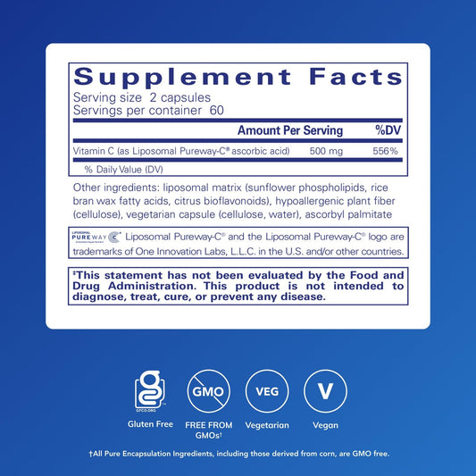 Pure Encapsulations Liposomal Vitamin C capsules support antioxidant nourishment for everyday wellness.