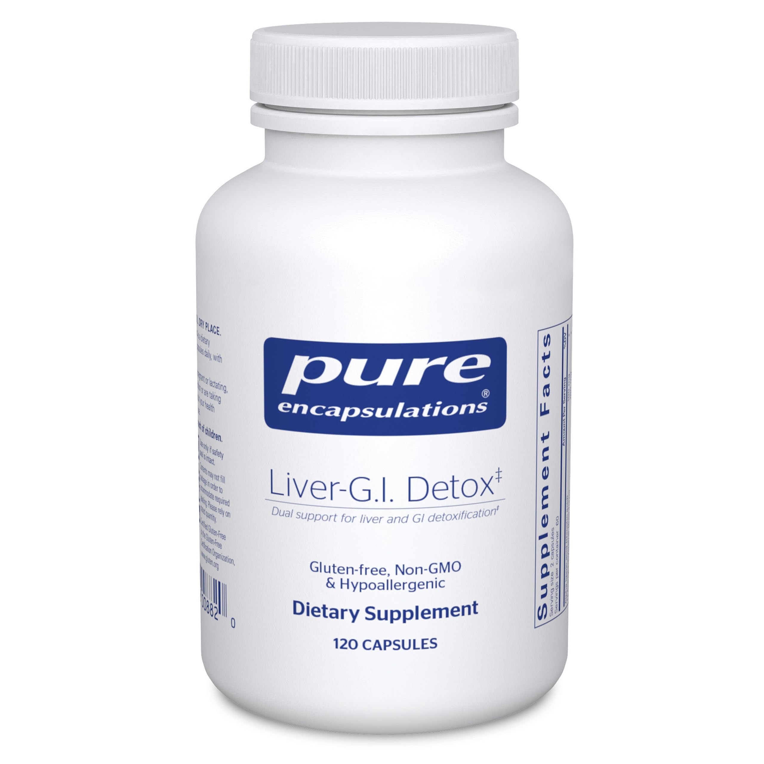 Pure Encapsulations Liver-G.I. Detox bottle on a shelf supports natural liver detox