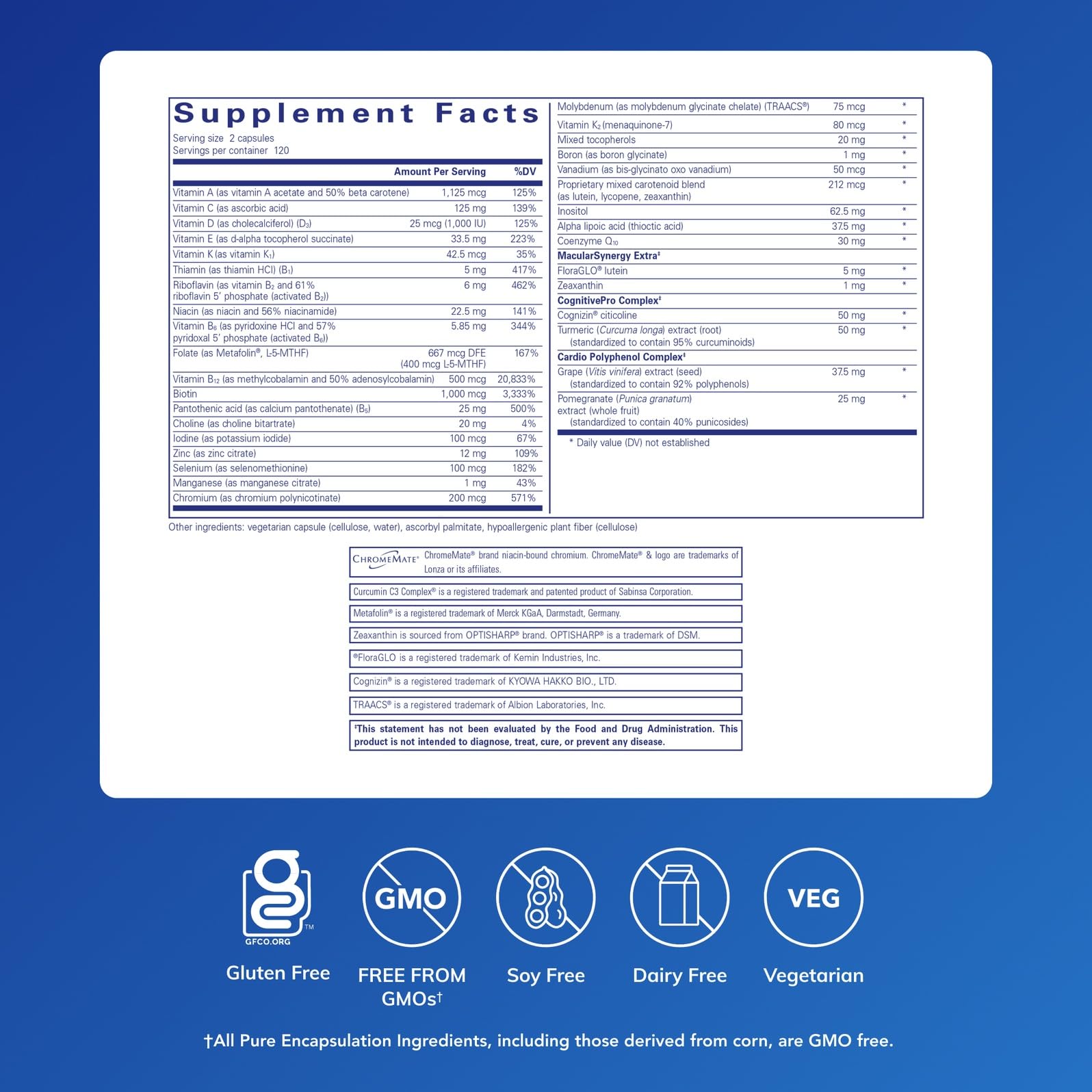 Pure Encapsulations Longevity Nutrients bottle back label highlighting potency and purity.
