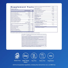 Pure Encapsulations Longevity Nutrients bottle back label highlighting potency and purity.