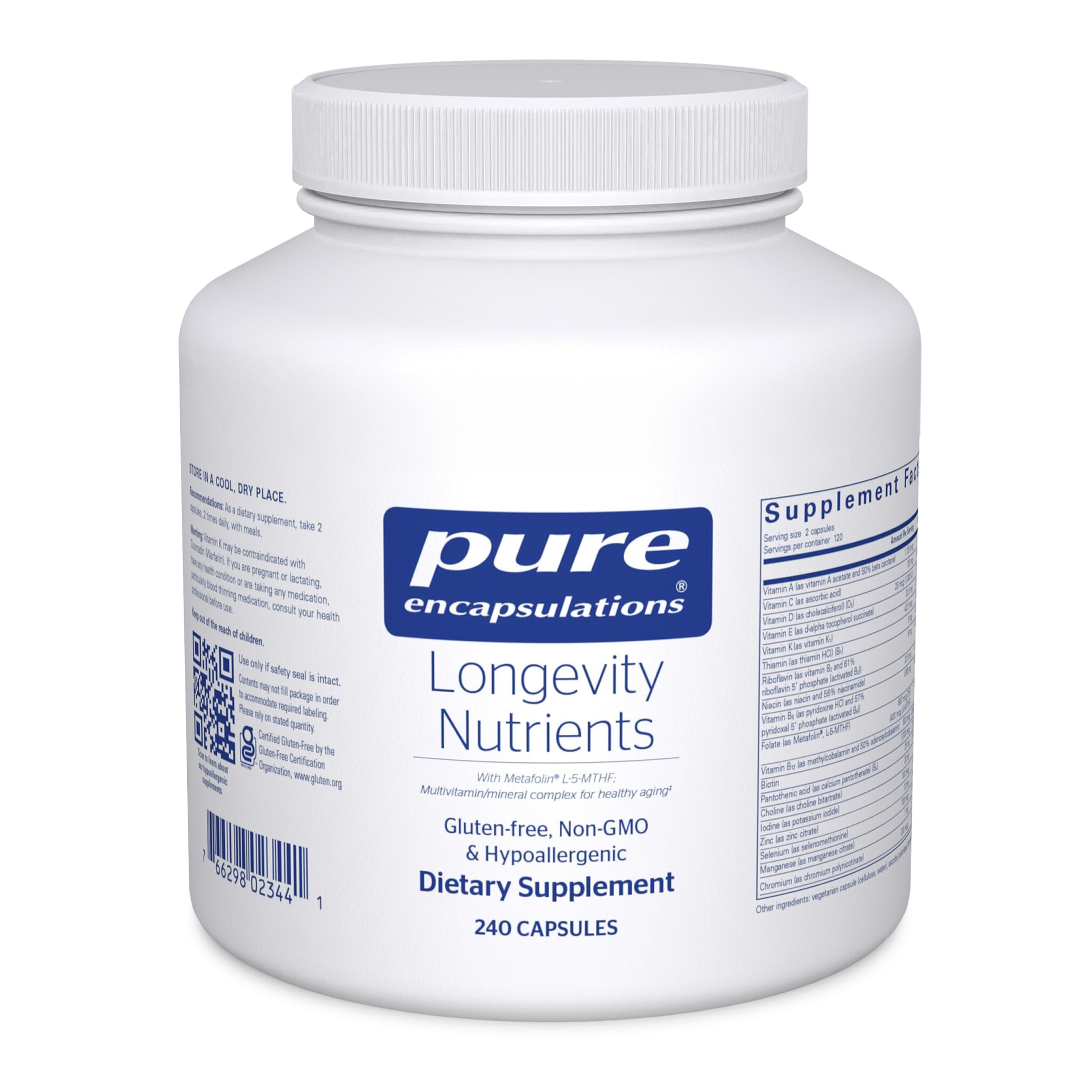 Pure Encapsulations Longevity Nutrients bottle front view for healthy aging support.
