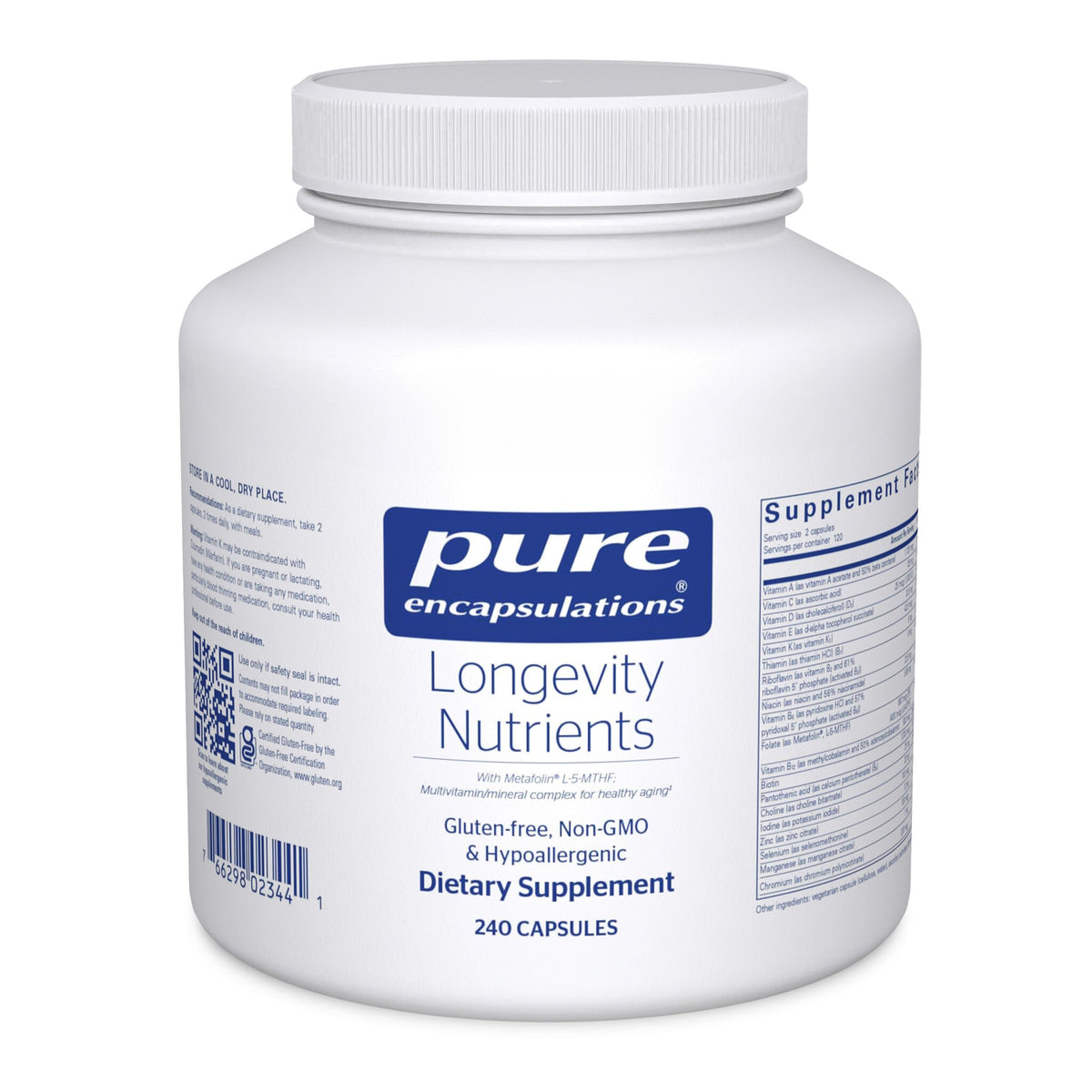 Pure Encapsulations Longevity Nutrients bottle front view for healthy aging support.
