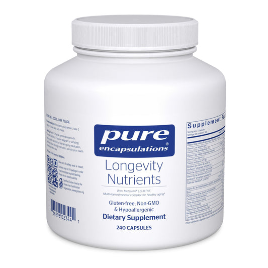 Pure Encapsulations Longevity Nutrients bottle front view for healthy aging support.