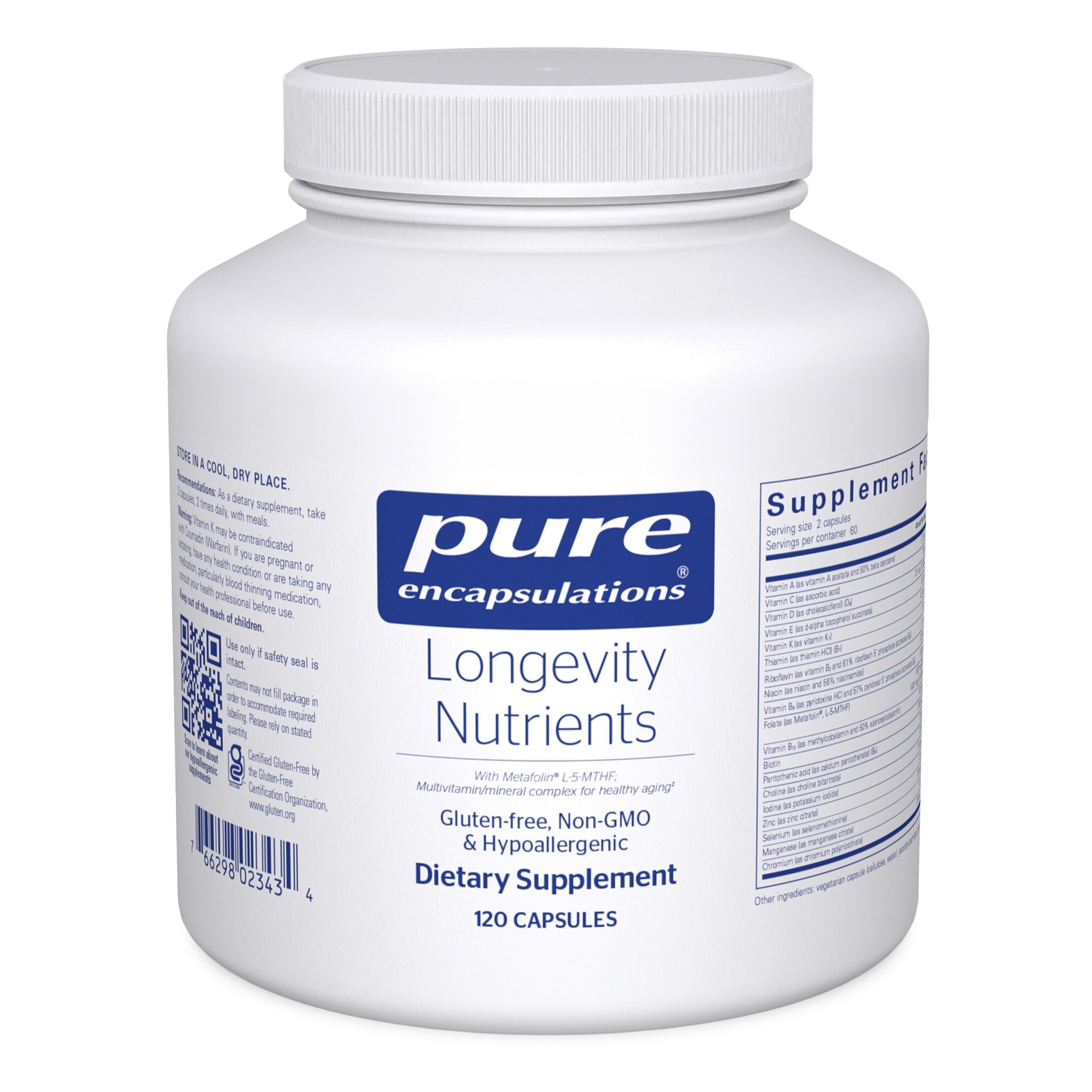 Pure Encapsulations Longevity Nutrients bottle front supports aging and bone health.