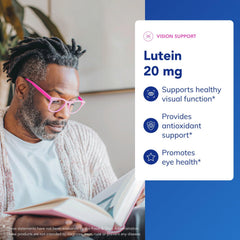 Pure Encapsulations Lutein 20 mg bottle label detail emphasizing product purity.