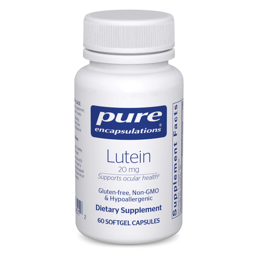 Pure Encapsulations Lutein 20 mg softgel bottle close-up, highlighting premium antioxidant support.