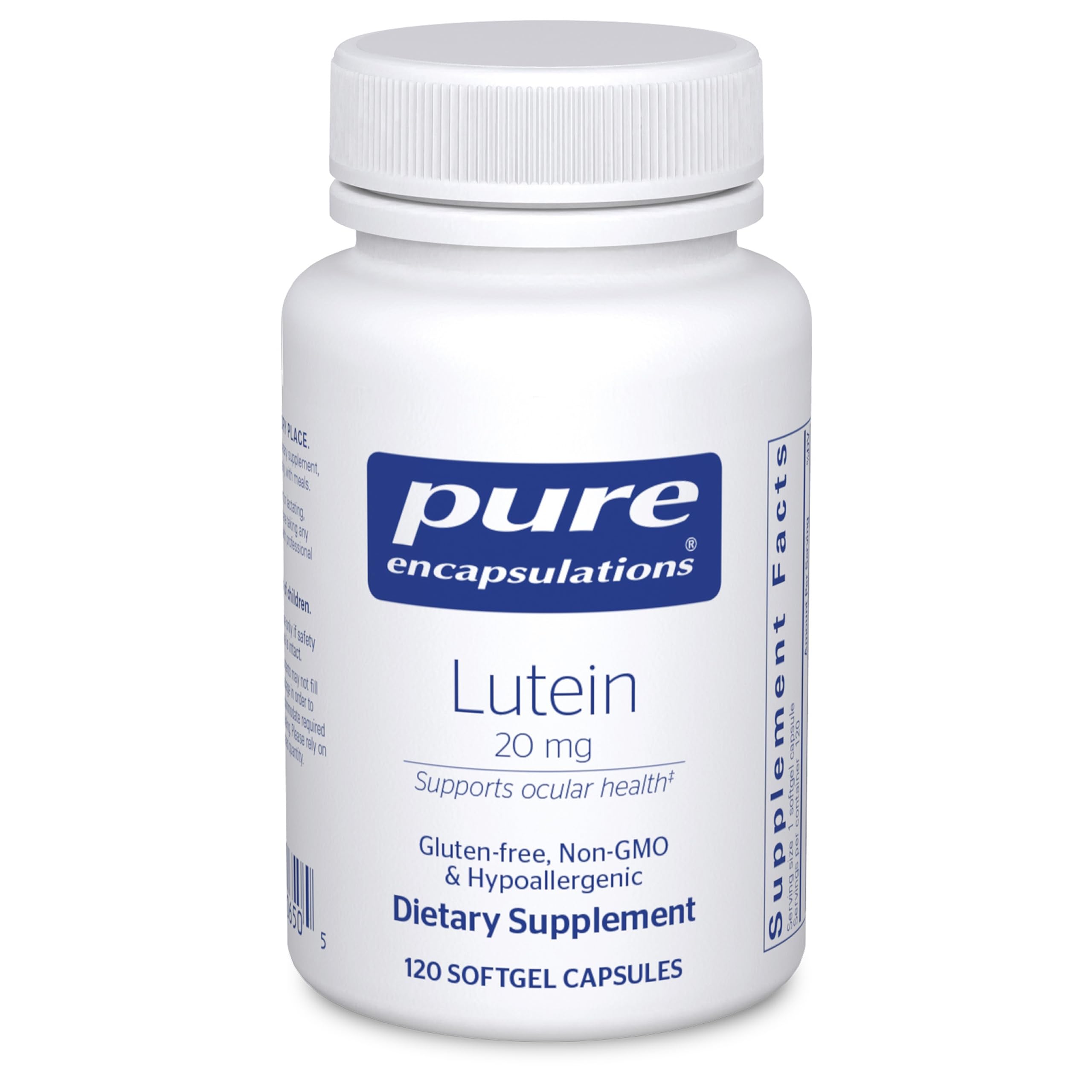 Pure Encapsulations Lutein 20 mg softgel bottle close-up for macular support