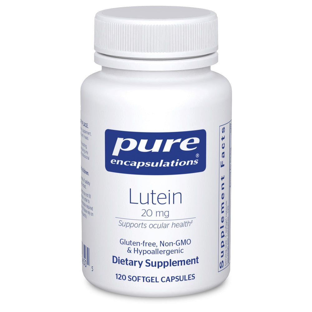 Pure Encapsulations Lutein 20 mg softgel bottle close-up for macular support