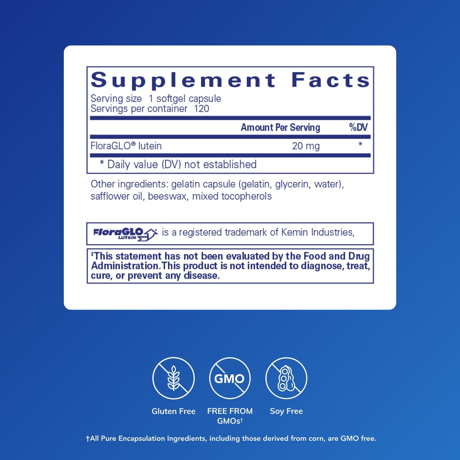 Pure Encapsulations Lutein 20 mg softgel jar label highlighting antioxidant protection