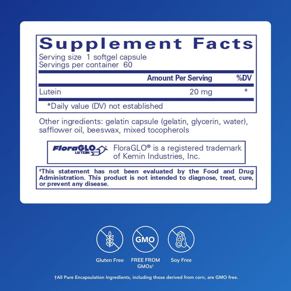 Pure Encapsulations Lutein 20 mg softgel pills on white background, ready for daily use.