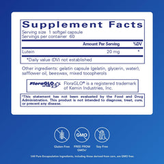 Pure Encapsulations Lutein 20 mg softgel pills on white background, ready for daily use.