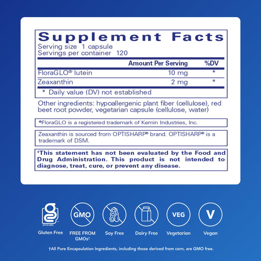 Pure Encapsulations lutein-zeaxanthin capsules support macular pigment and overall visual comfort.
