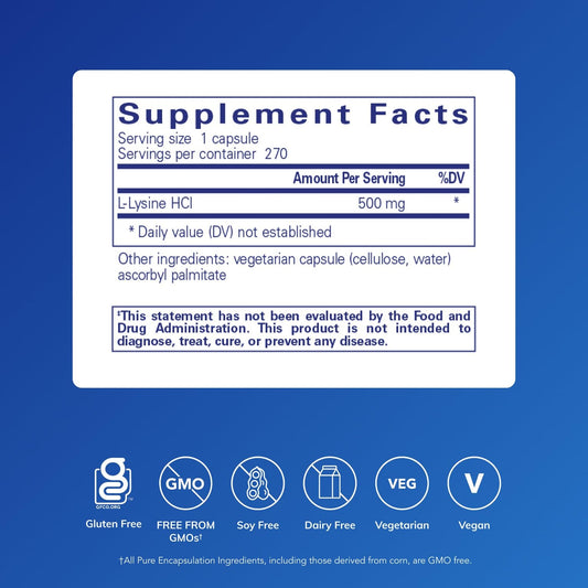 Pure Encapsulations L-Lysine capsules close-up highlighting premium quality and purity.