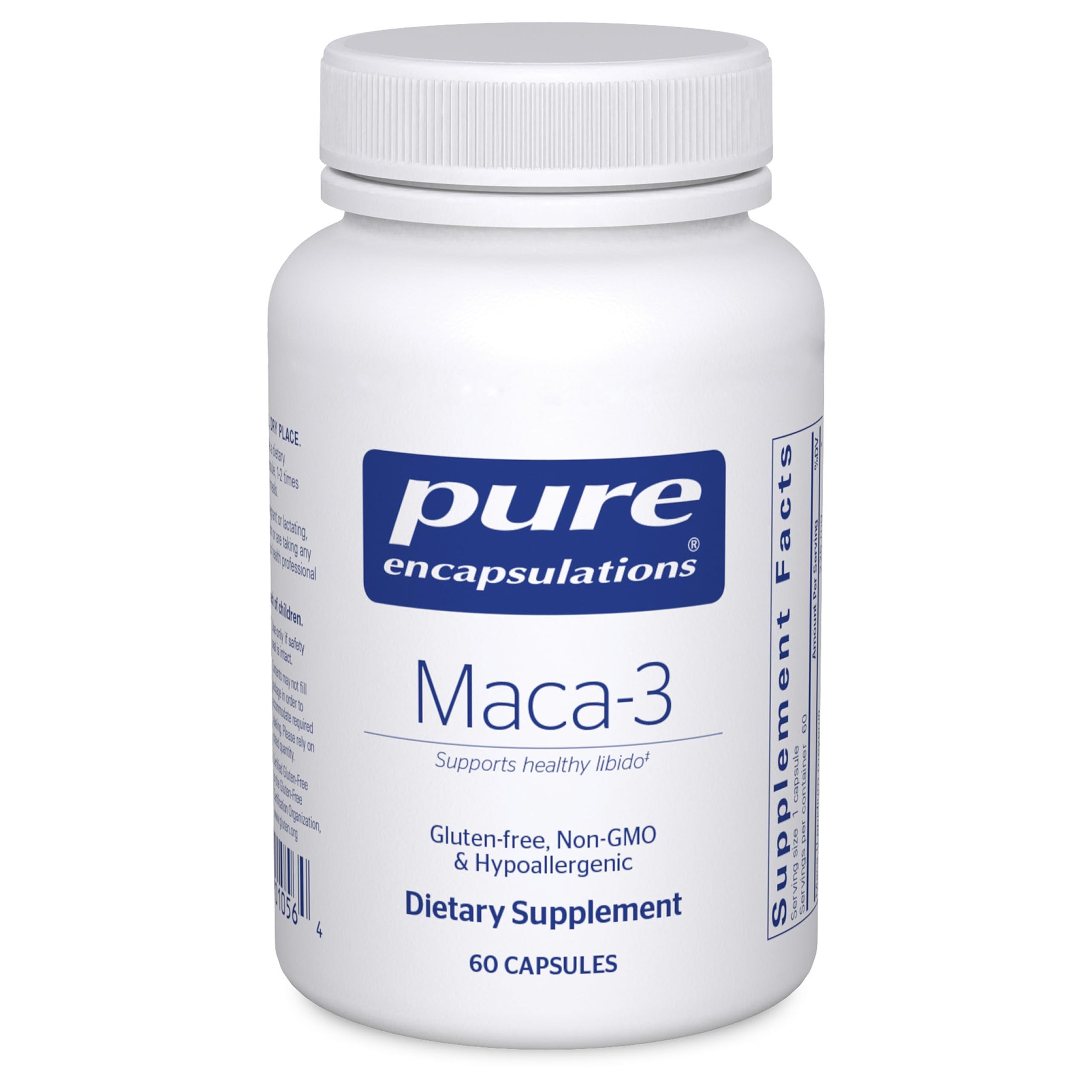 Pure Encapsulations Maca-3 bottle front view signaling hypoallergenic formula for daily vitality.