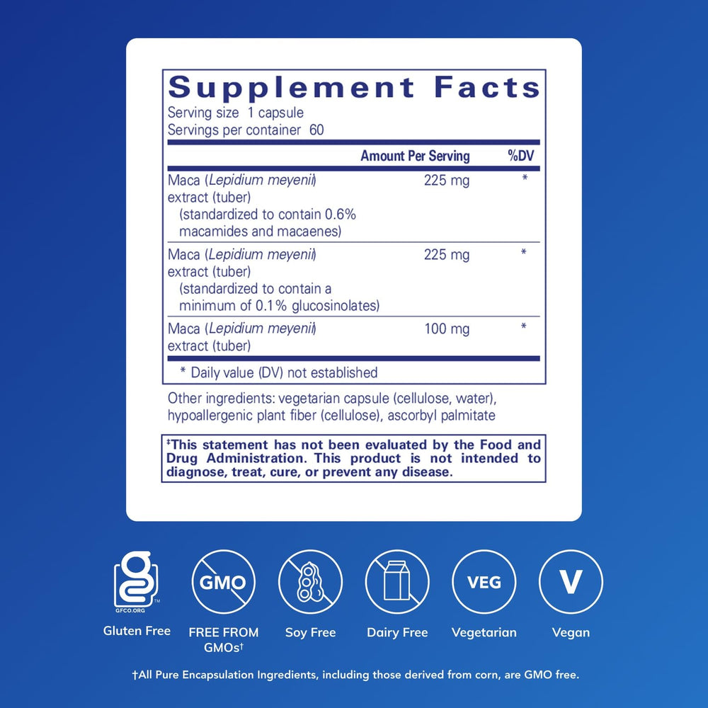 Pure Encapsulations Maca-3 bottle side angle showcasing premium purity and potency.