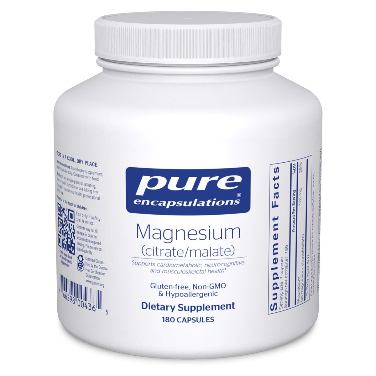 Pure Encapsulations Magnesium Citrate Malate bottle shown for daily energy support.