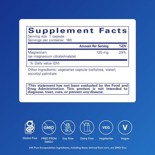 Pure Encapsulations Magnesium Citrate Malate capsules close-up for easy daily use.