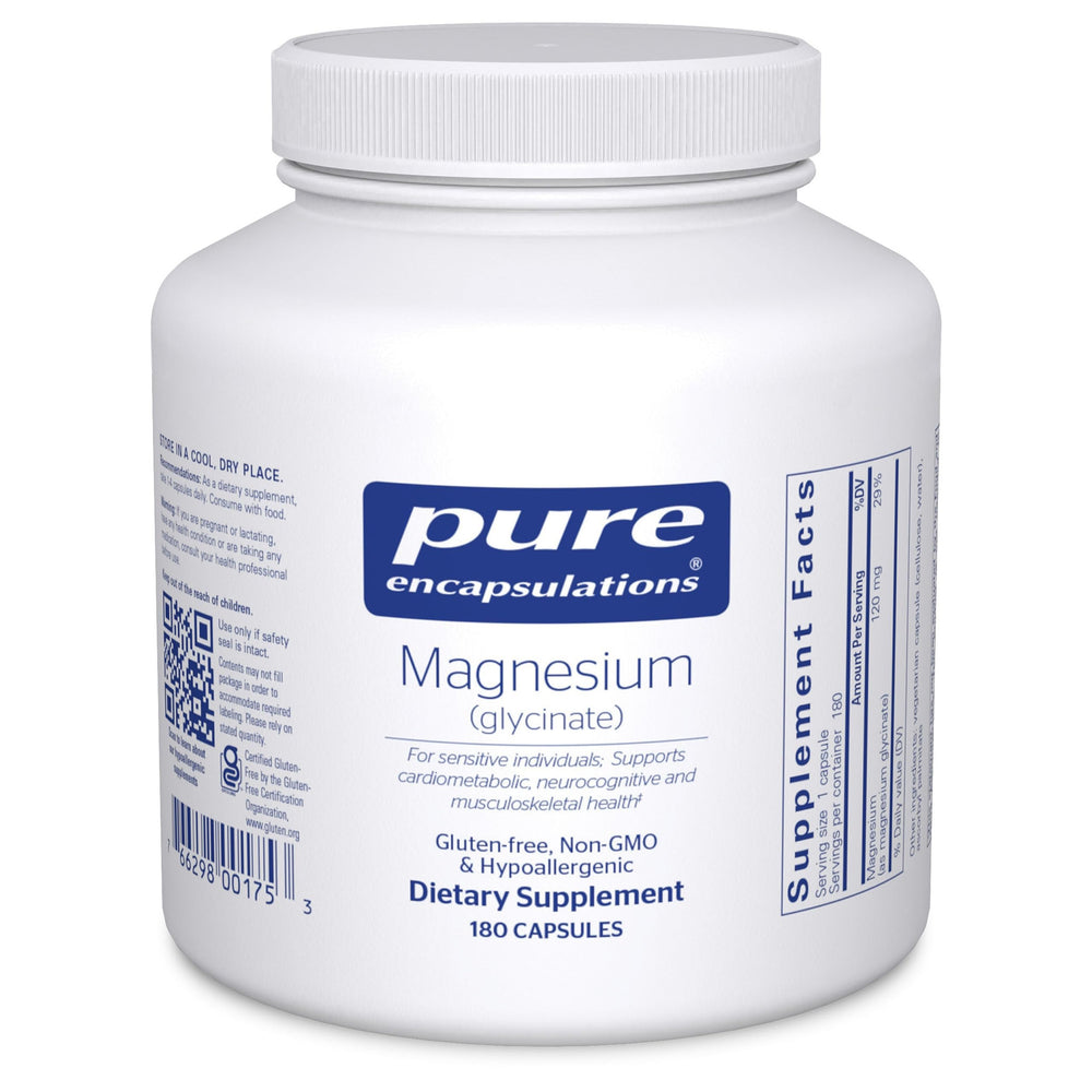 Pure Encapsulations Magnesium Glycinate bottle close-up showing easy-to-swallow capsules for daily support