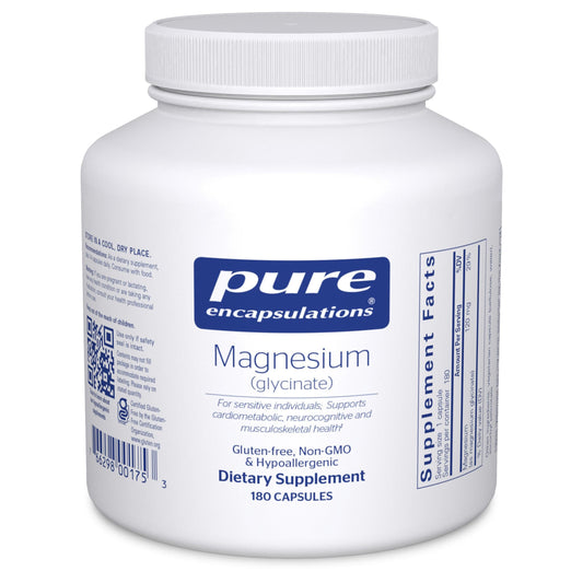 Pure Encapsulations Magnesium Glycinate bottle close-up showing easy-to-swallow capsules for daily support