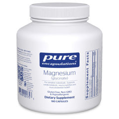 Pure Encapsulations Magnesium Glycinate bottle close-up showing easy-to-swallow capsules for daily support