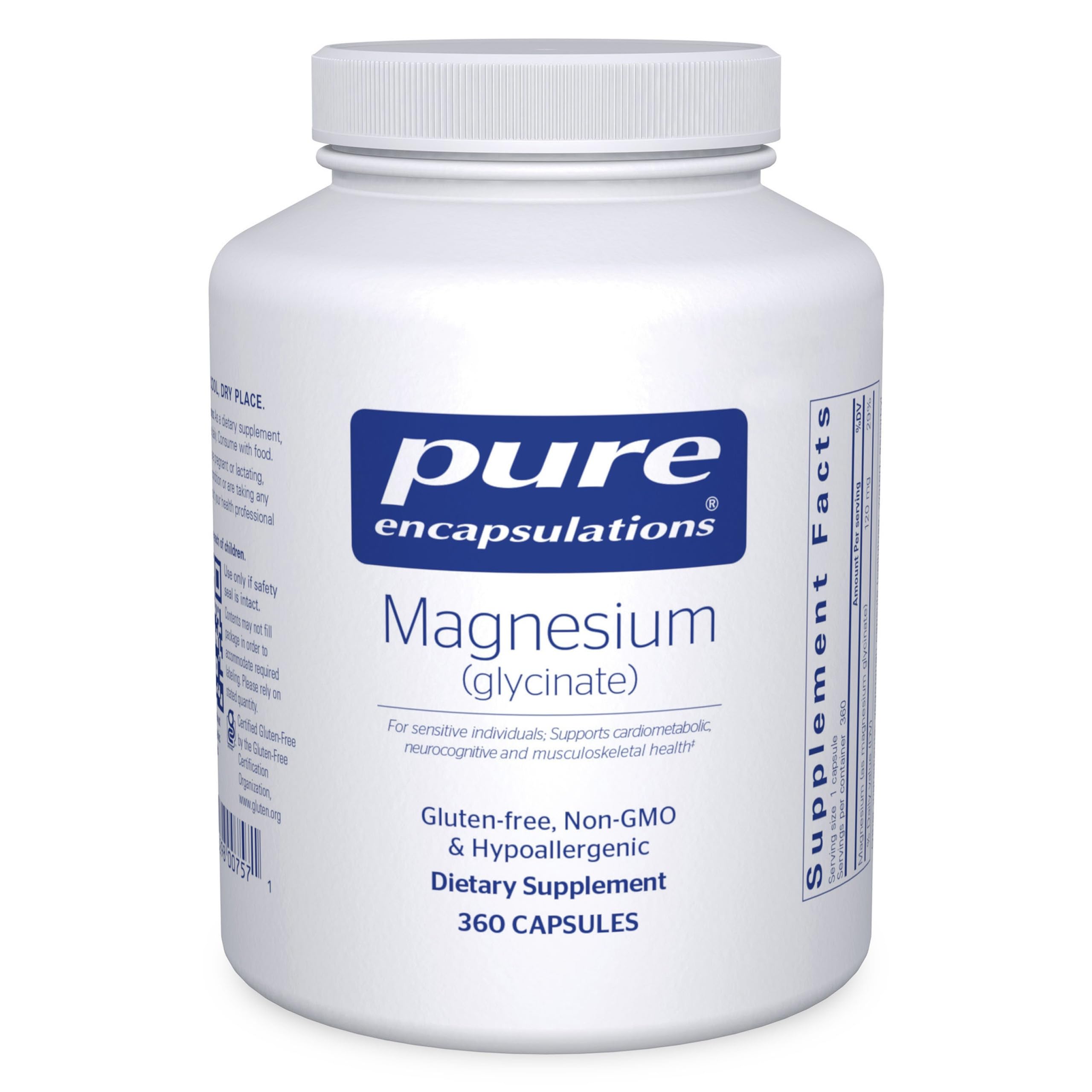 Pure Encapsulations Magnesium Glycinate bottle front with capsules for daily stress and sleep support