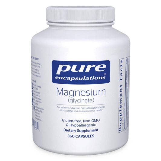 Pure Encapsulations Magnesium Glycinate bottle front with capsules for daily stress and sleep support