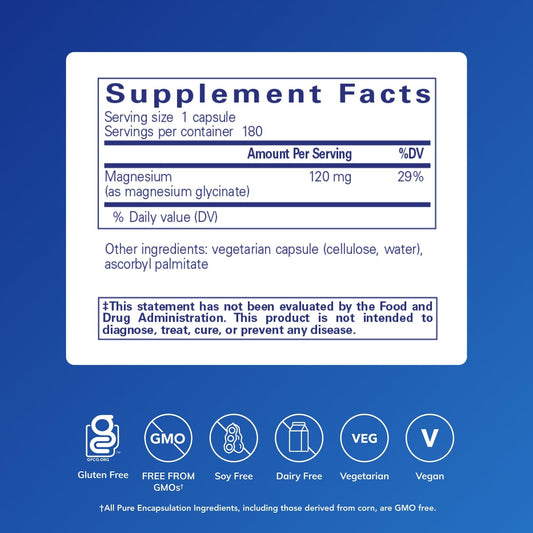 Pure Encapsulations Magnesium Glycinate capsules pour demonstrates convenient daily dosing