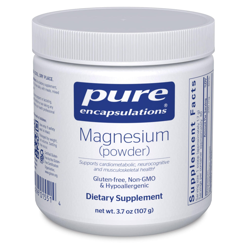 Pure Encapsulations Magnesium Powder bottle closeup showing easy-to-dispense daily magnesium