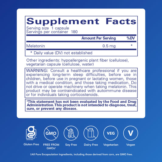 Pure Encapsulations melatonin capsules ready for pre-bed dosing, aligning with your natural sleep-wake rhythm