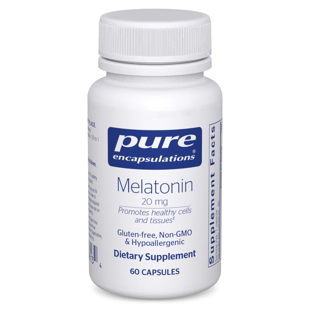 Pure Encapsulations Melatonin 20 mg bottle front showing clean label and premium quality