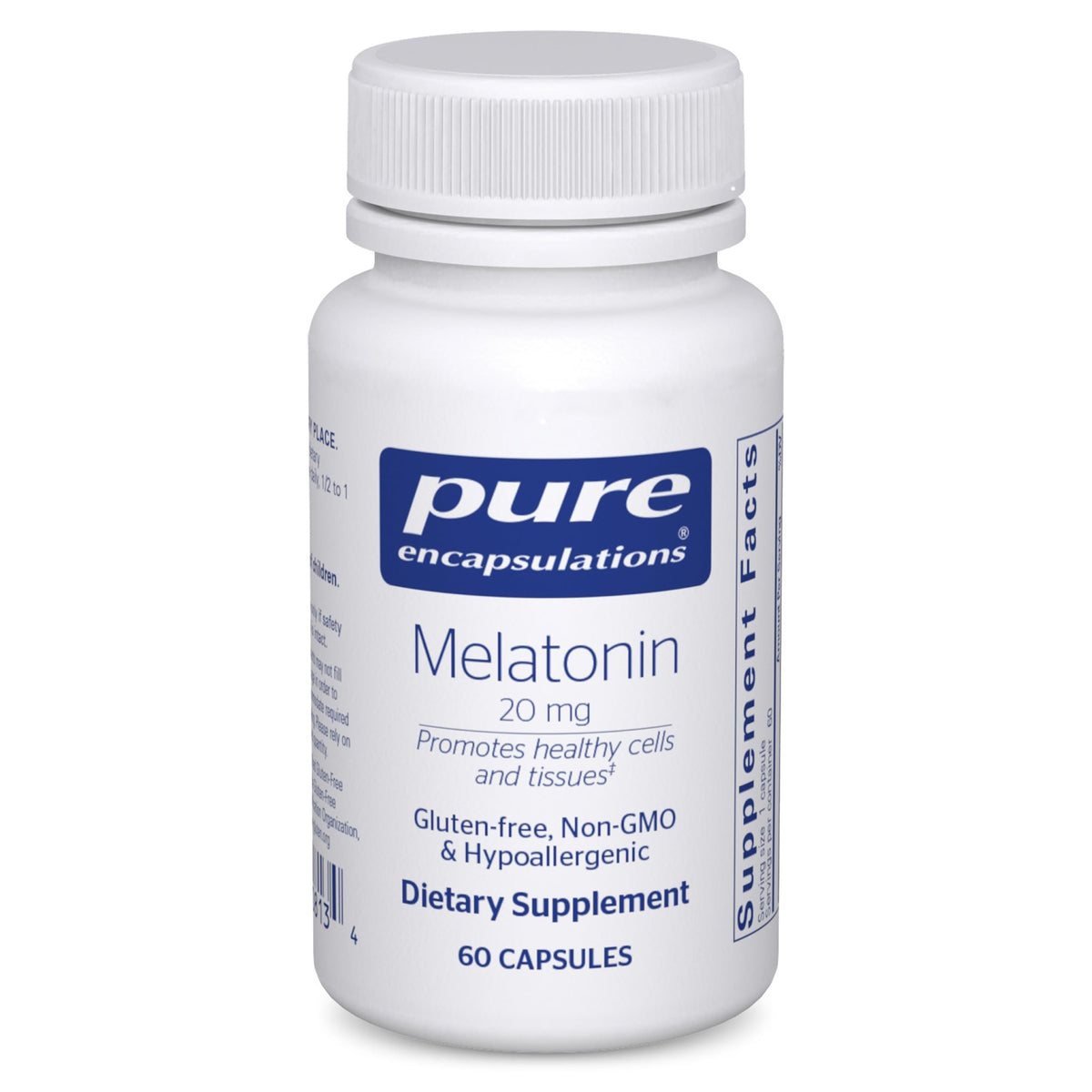 Pure Encapsulations Melatonin 20 mg bottle front showing clean label and premium quality