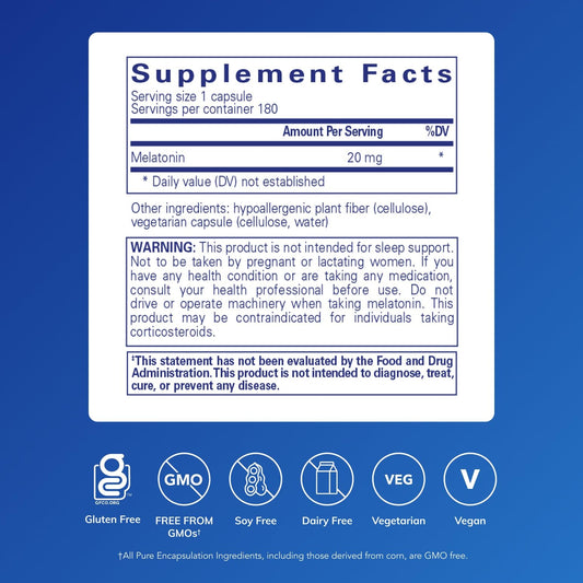 Pure Encapsulations Melatonin 20 mg bottle being poured with capsules visible for easy dosing
