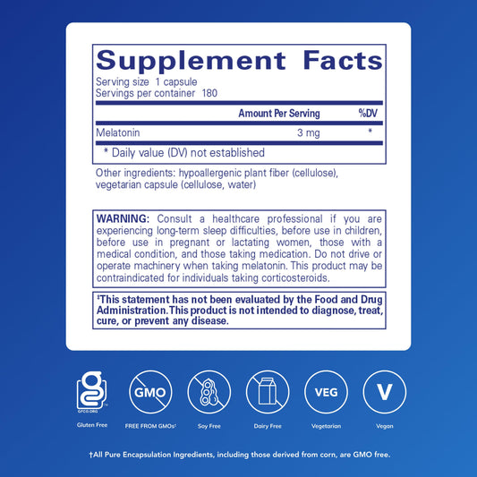 Pure Encapsulations Melatonin 3 mg capsules provide easy nightly ritual for occasional sleeplessness.