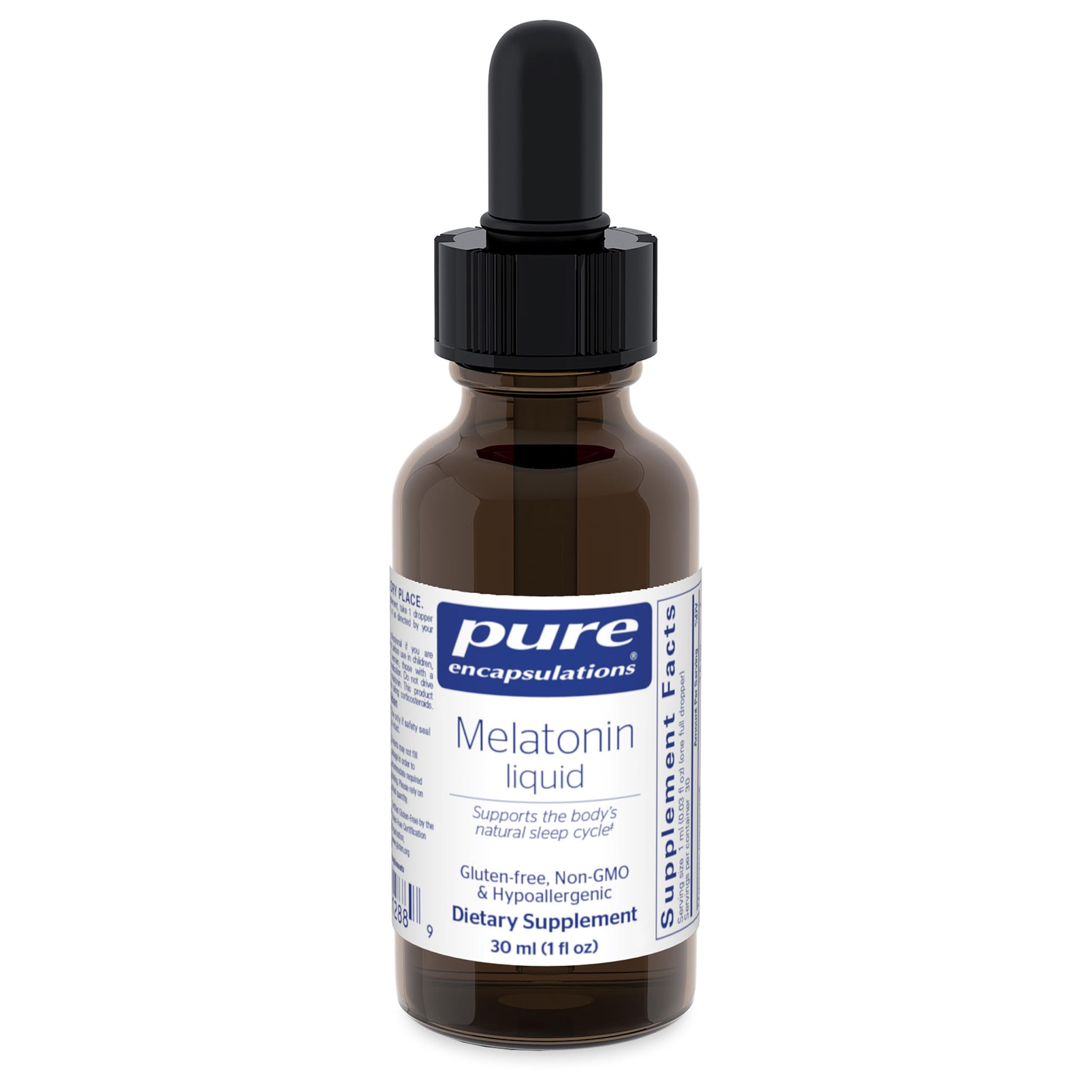 Pure Encapsulations Melatonin Liquid bottle with dropper for easy dosing at bedtime.