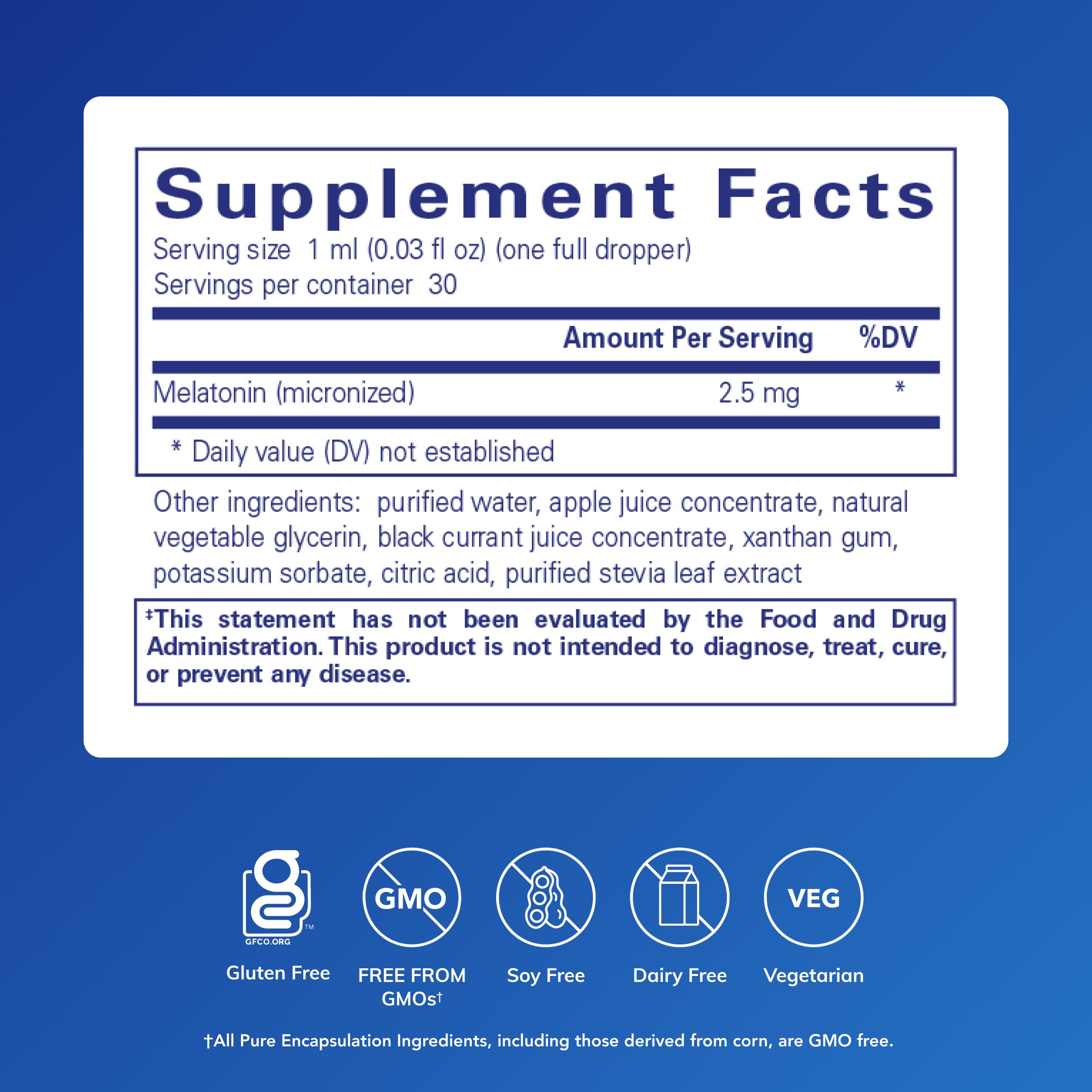 Close-up of Pure Encapsulations Melatonin Liquid label showing hypoallergenic purity.