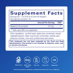 Close-up of Pure Encapsulations Melatonin Liquid label showing hypoallergenic purity.