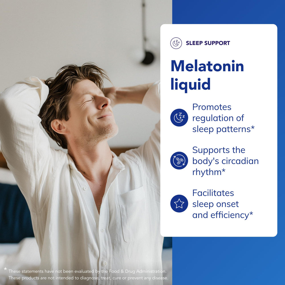 Pure Encapsulations Melatonin Liquid bottle with dropper dispensing into glass at night.