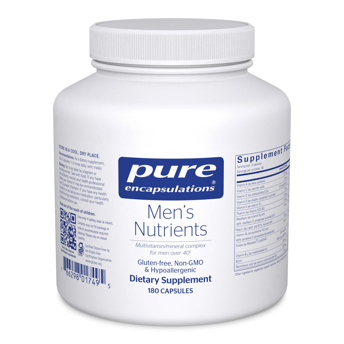 Pure Encapsulations Men's Nutrients bottle front shows a premium multivitamin for men over 40.