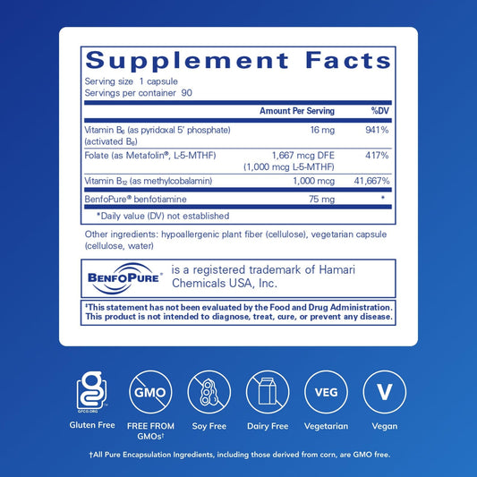 Pure Encapsulations MethylAssist 90's bottle back emphasizes non-GMO and gluten-free qualities