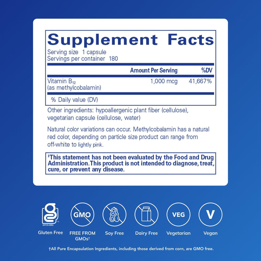 Pure Encapsulations methylcobalamin capsules close-up, designed to support nervous system health.