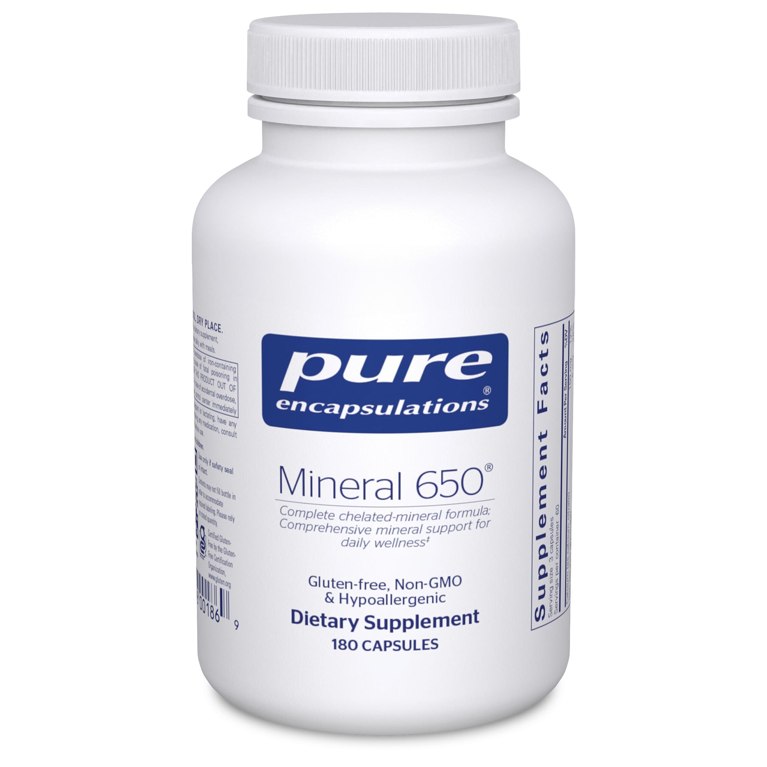 Pure Encapsulations Mineral 650 bottle front shows balanced minerals for daily support