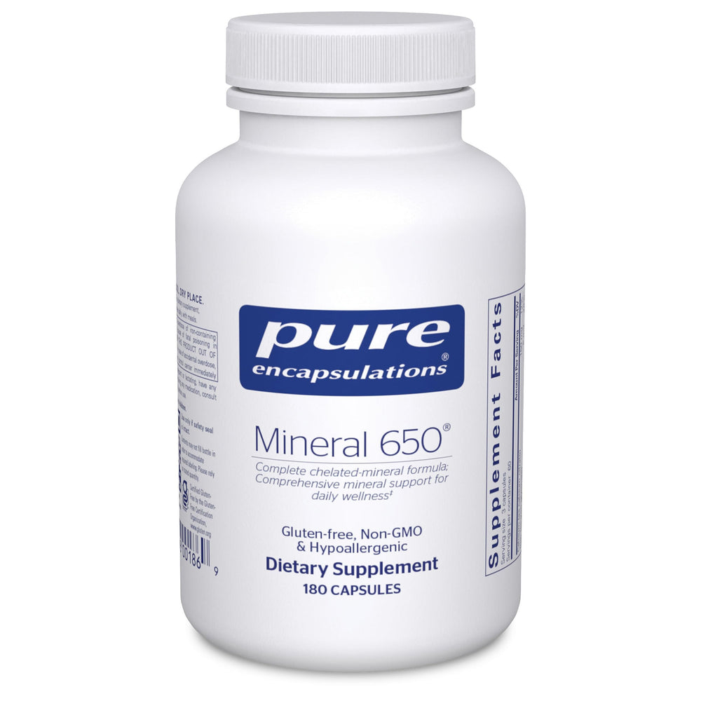 Pure Encapsulations Mineral 650 bottle front shows balanced minerals for daily support