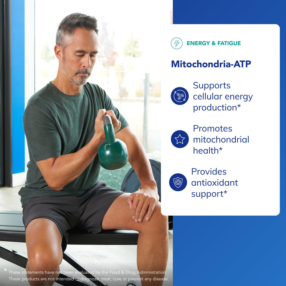 Close-up label of Pure Encapsulations Mitochondria-ATP emphasizes ingredients and purity commitments.