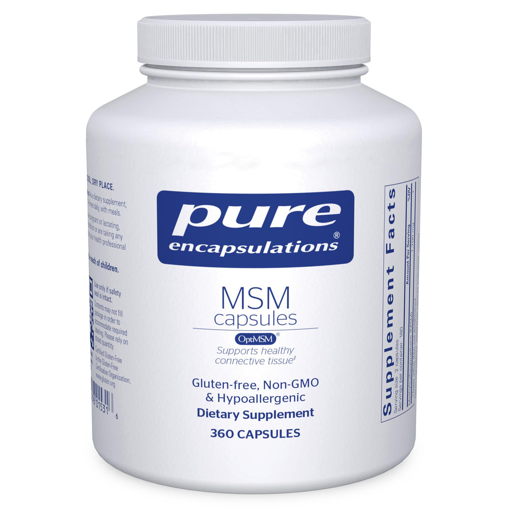 Pure Encapsulations MSM bottle showing the product for joint support and tissue health.
