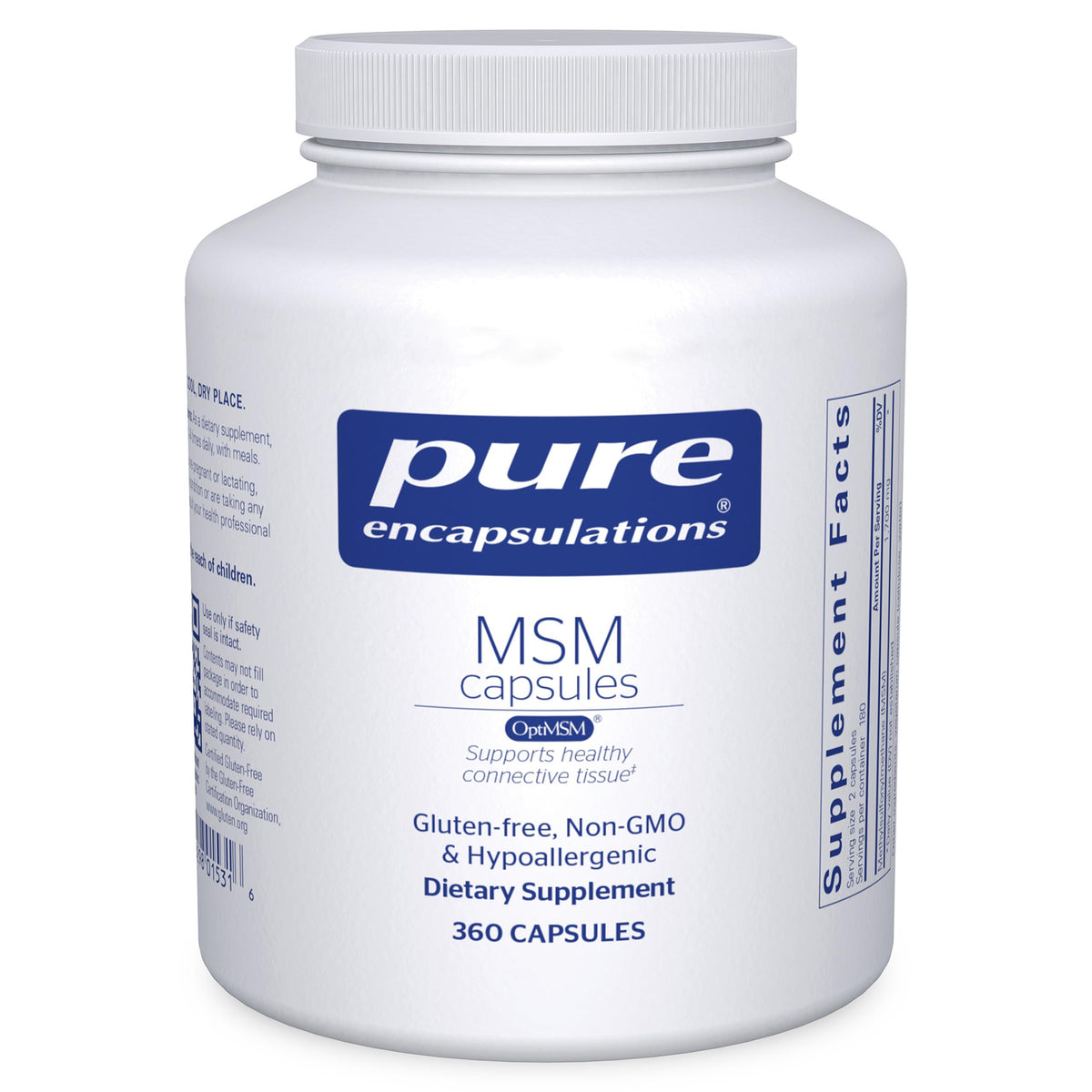 Pure Encapsulations MSM bottle showing the product for joint support and tissue health.