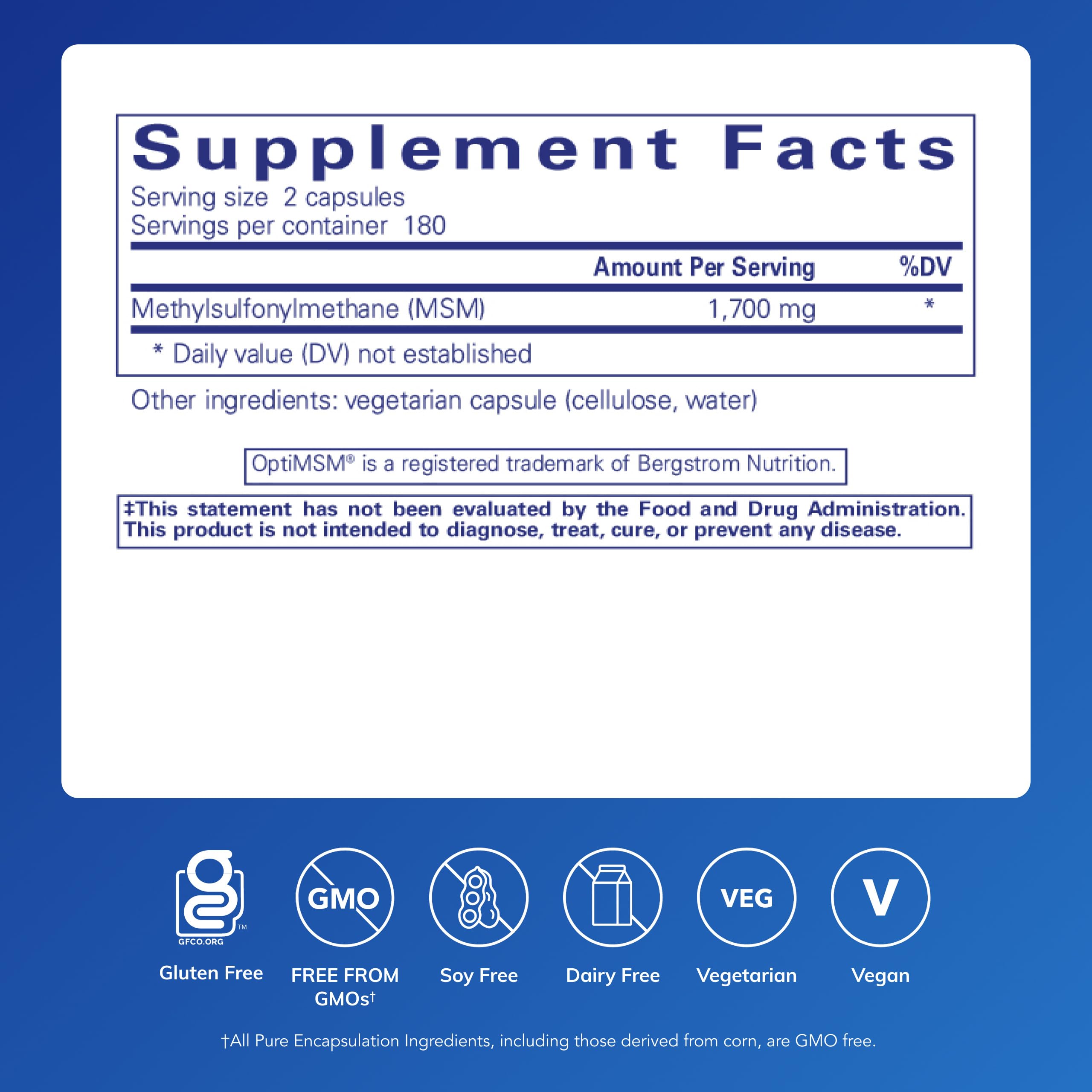 Pure Encapsulations MSM label closeup highlighting purity and allergen-free formulation.
