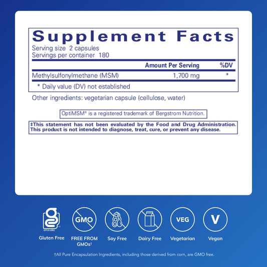 Pure Encapsulations MSM label closeup highlighting purity and allergen-free formulation.